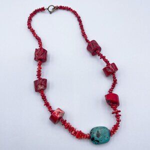 Turquoise Coral Beaded Necklace With Chunky Red Accents & Lobster Clasp Closure